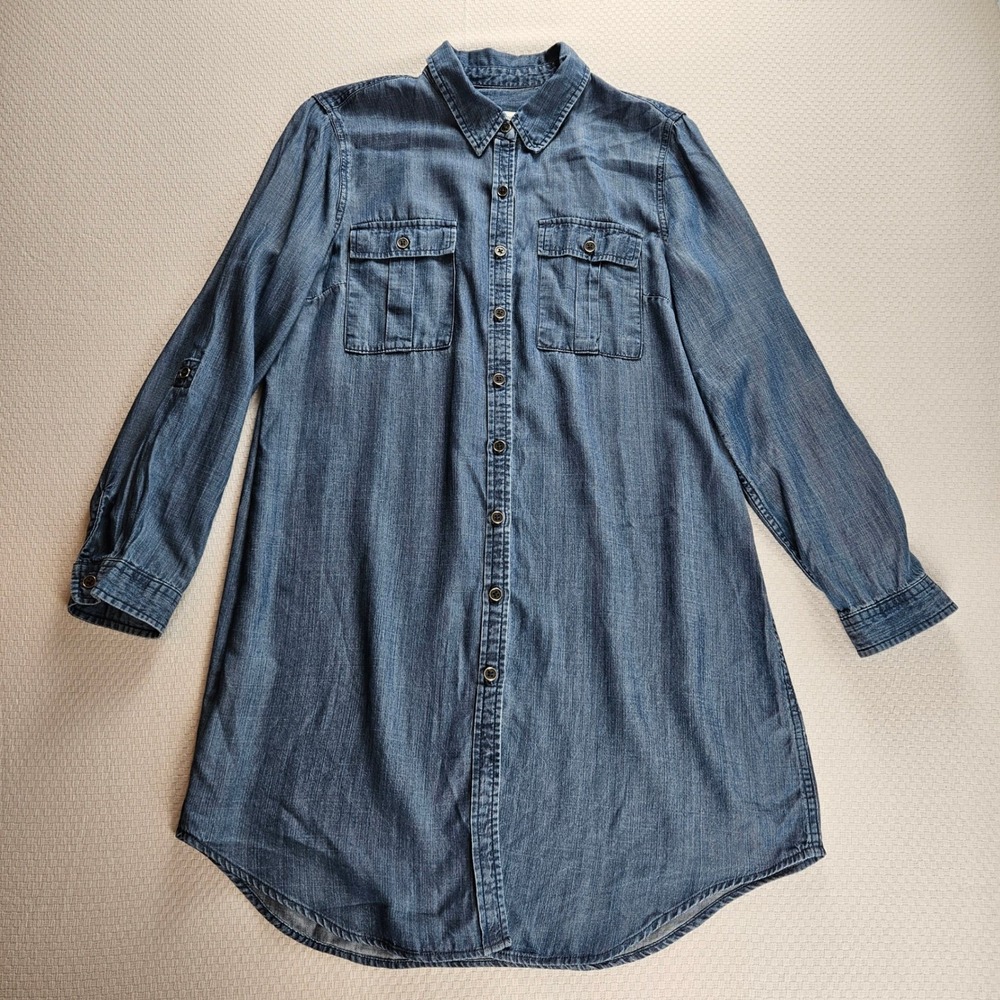 Coldwater Creek Denim Chambray Roll Tab Sleeve Shirt Dress M Classic Western